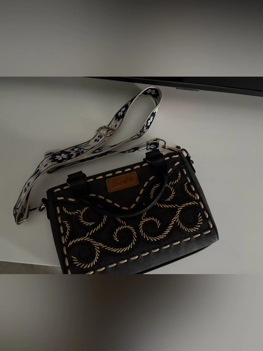 Wrangler Black Embroidered Leather Crossbody Bag